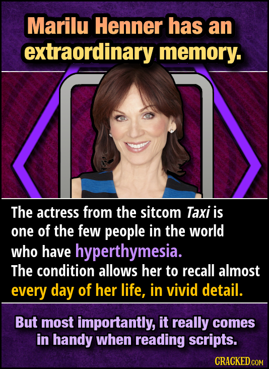 Marilu Henner has an extraordinary memory. The actress from the sitcom Taxi is one of the few people in the world who have hyperthymesia. The conditio