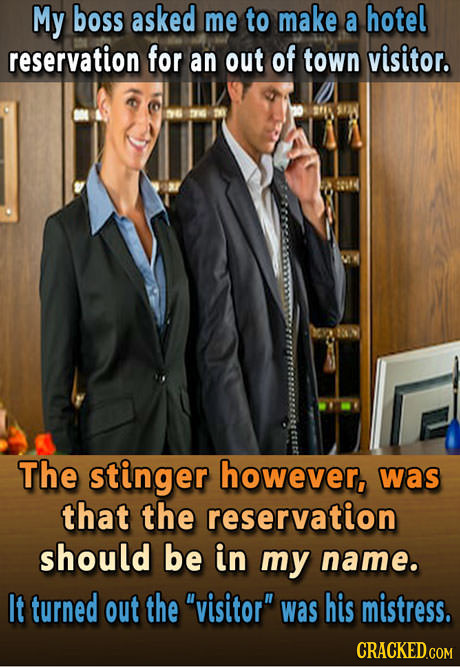 My boss asked me to make a hotel reservation for an out of town visitor. The stinger however, was that the reservation should be in my name. It turned