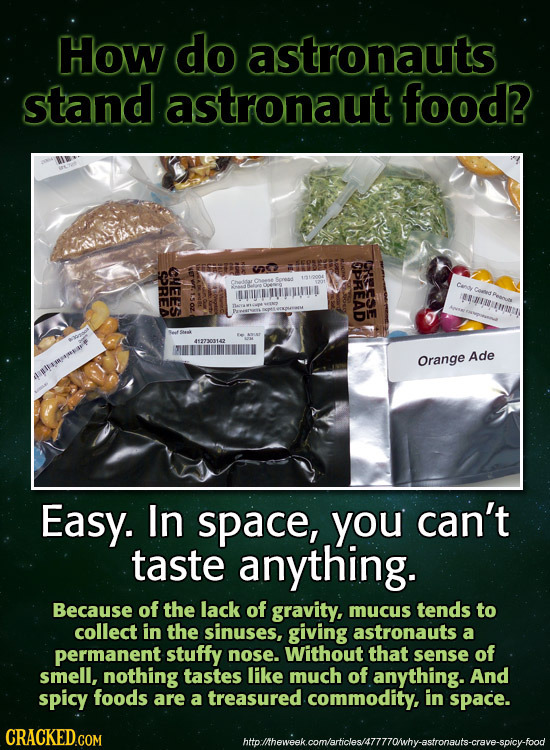 How do astronauts stand astronaut food? UNEES CPREAD IHeSe Cendr EIS 4127300142 Ade Easy. In space, you can't taste anything. Because of the lack of g