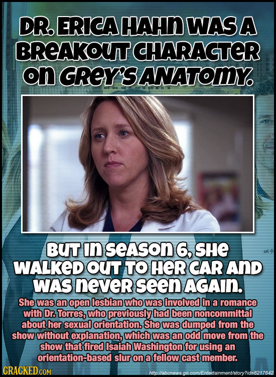 DR. ERICA HAHN WASA BREAKOUT CHARAGTER on REY'SANATOMY BUT In seAson 6, SHE WALKED OUT TO HER CAR AND WAS never seen AGAIN. She was an open lesbian wh