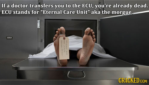 If a doctor transfers you to the ECU, you're already dead. ECU stands for Eternal Care Unit aka the morgue.. ma