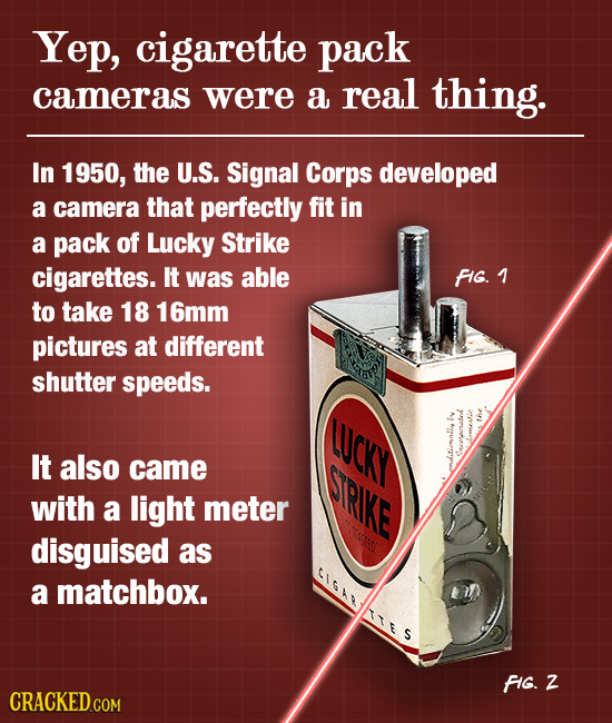 Yep, cigarette pack cameras were a real thing. In 1950, the U.S. Signal Corps developed a camera that perfectly fit in a pack of Lucky Strike cigarett