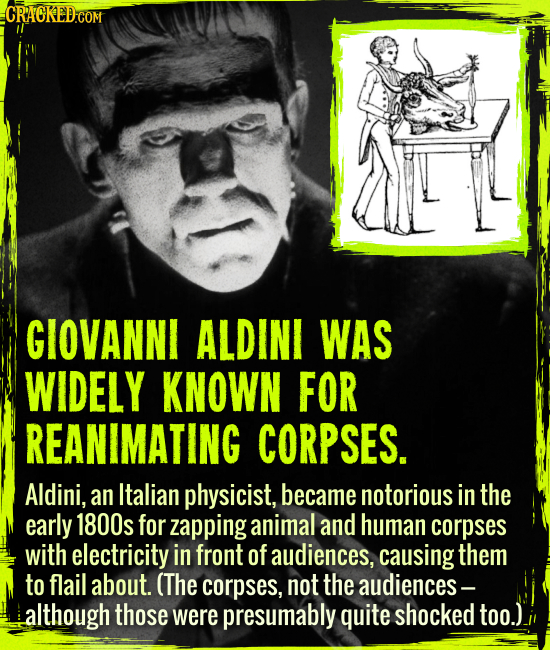 Giovanni Aldini was widely known for reanimating corpses. - Aldini, an Italian physicist, became notorious in the early 1800s for zapping animal and h