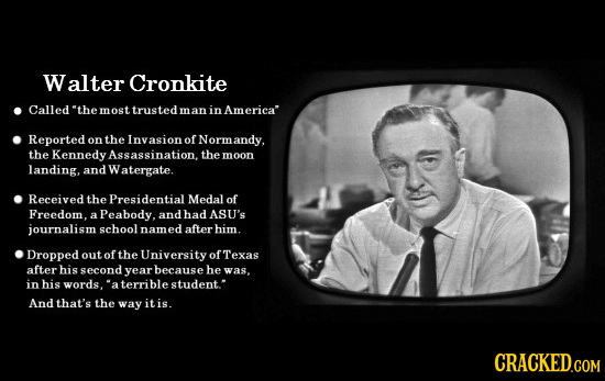 Walter Cronkite Called 'the most trusted m an in America Reported on the Invasion o Norm andy. the Kennedy Assassination the moon landing, and W aterg