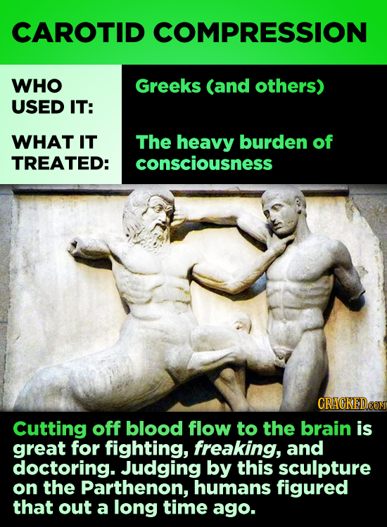 CAROTID COMPRESSION WHO Greeks (and others) USED IT: WHAT IT The heavy burden of TREATED: consciousness CRACKEDCON Cutting off blood flow to the brain