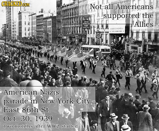 GRACKEDO Not all Americans supported the AlLies BLELENAIRA American Nazis parade in New York City East 86th St. Oct. 30, 1939 Two months after Ww2 sta