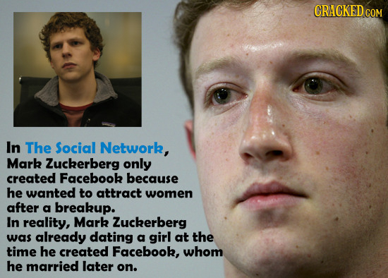 CRACKED COM In The Social Network, Mark Zuckerberg only created Facebook because he wanted to attract women after a breakup. In reality, Mark Zuckerbe