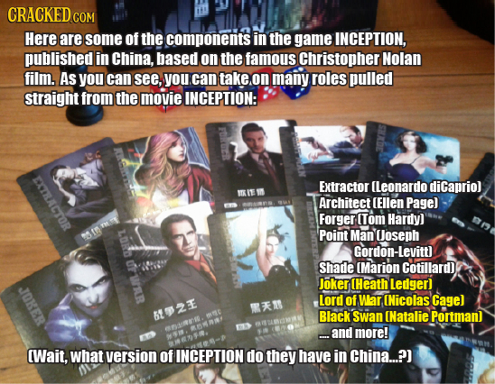 CRACKED Here are some of the components in the game INCEPTION, published in China, based on the famous Christopher Nolan film. AS you can see, you can