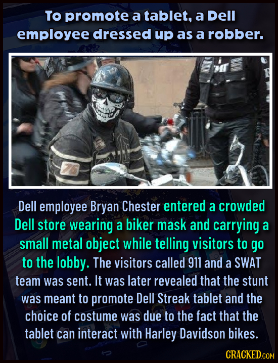 To promote a tablet, a Dell employee dressed up as a robber. Dell employee Bryan Chester entered a crowded Dell store wearing a biker mask and carryin