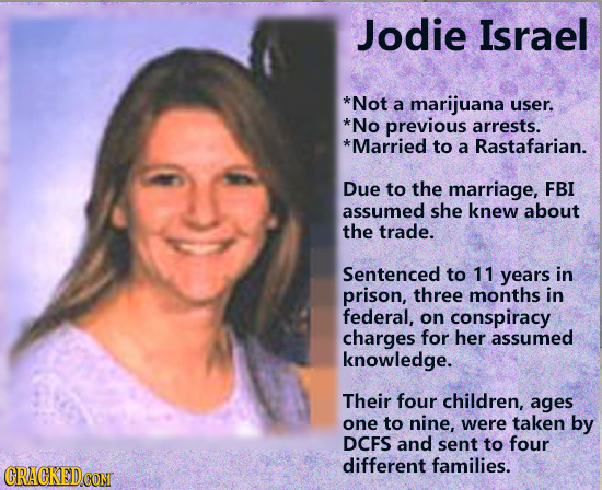 Jodie Israel *Not a marijuana user. *No previous arrests. *Married to a Rastafarian. Due to the marriage, FBI assumed she knew about the trade. Senten