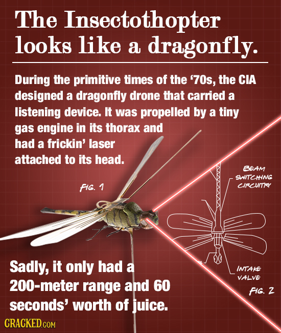 The Insectothopter looks like a dragonfly. During the primitive timES of the '70s, the CIA designed a dragonfly drone that carried a listening device.