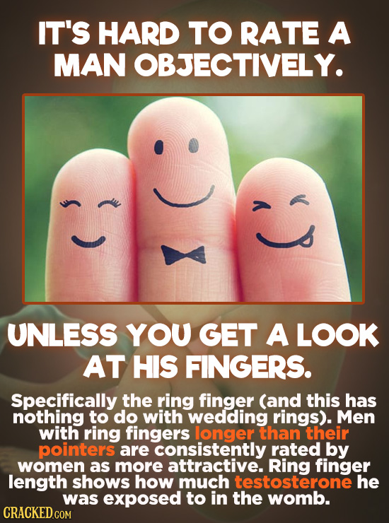 IT'S HARD TO RATE A MAN OBJECTIVELY. s UNLESS YOU GET A LOOK AT HIS FINGERS. Specifically the ring finger (and this has nothing to do with wedding rin