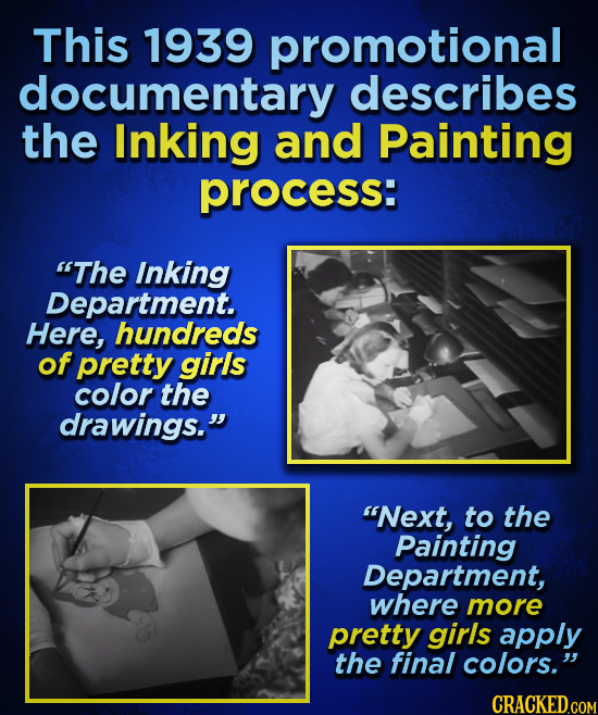 This 1939 promotional documentary describes the Inking and Painting process: The Inking Department. Here, hundreds of pretty girls color the drawings