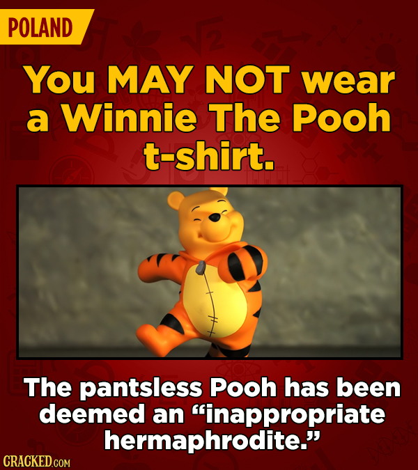 POLAND You MAY NOT wear a Winnie The Pooh t-shirt. The pantsless Pooh has been deemed an inappropriate hermaphrodite.
