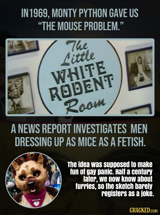 IN 1969, MONTY PYTHON GAVE US THE MOUSE PROBLEM. The Little WHITE ROLENT Roou A NEWS REPORT INVESTIGATES MEN DRESSING UP AS MICE AS A FETISH. The id