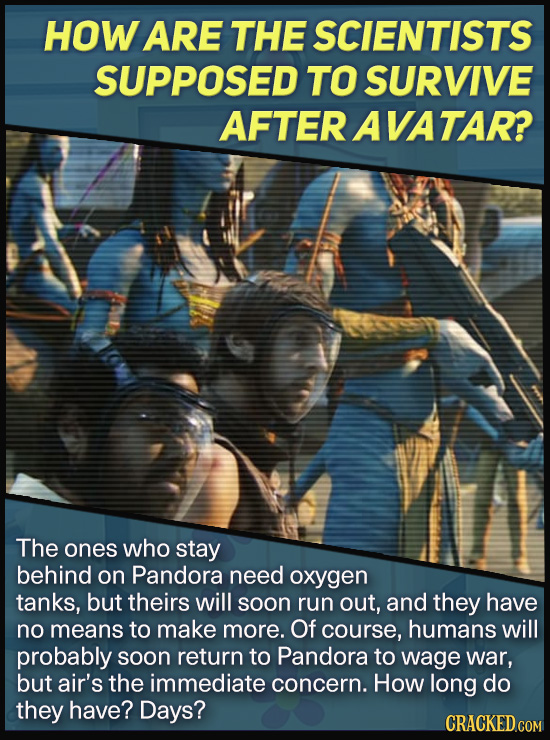 HOW ARE THE SCIENTISTS SUPPOSED TO SURVIVE AFTER AVATAR? The ones who stay behind on Pandora need oxygen tanks, buT theirs will soon run out, and they