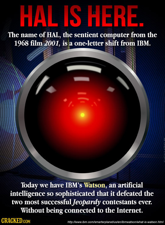 HAL IS HERE. The name of HAL, the sentient computer from the 1968 film 2001, is a one-letter shift from IBM. Today we have IBM'S Watson, an artificial