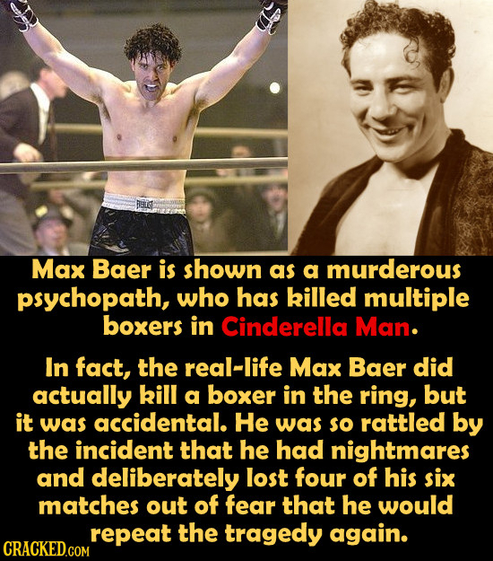 Max Baer is shown as a murderous psychopath, who has killed multiple boxers in Cinderella Man. In fact, the real-life Max Baer did actually kill a box