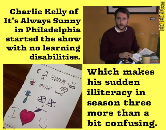 Charlie Kelly of It's Always Sunny in Philadelphia CRACKED.CONT started the show with no learning disabilities. Which makes 2UEXAY his sudden iZlbe il