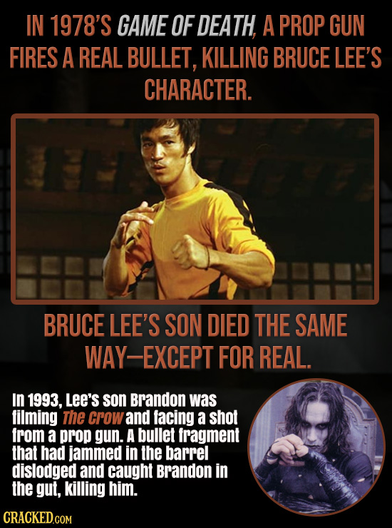 IN 1978'S GAME OF DEATH, A PROP GUN FIRES A REAL BULLET, KILLING BRUCE LEE'S CHARACTER. BRUCE LEE'S SON DIED THE SAME AY-EXCEPT FOR REAL. In 1993, LEE