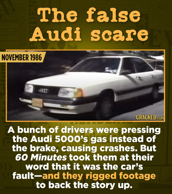 15 Of The Most Shameful Cases Of False Reporting From The Media - A bunch of drivers were pressing the Audi 5000’s gas instead of the brake, causing c