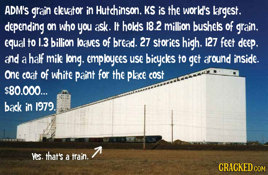 ADM'S grain elevator in Hutchinson. KS IS the world's largest. depending on who you ask. It holds 18.2 million bushelis of grain, equal to 1.3 billion