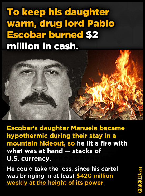 To keep his daughter warm, drug lord Pablo Escobar burned $2 million in cash. Escobar's daughter Manuela became hypothermic during their stay in a mou