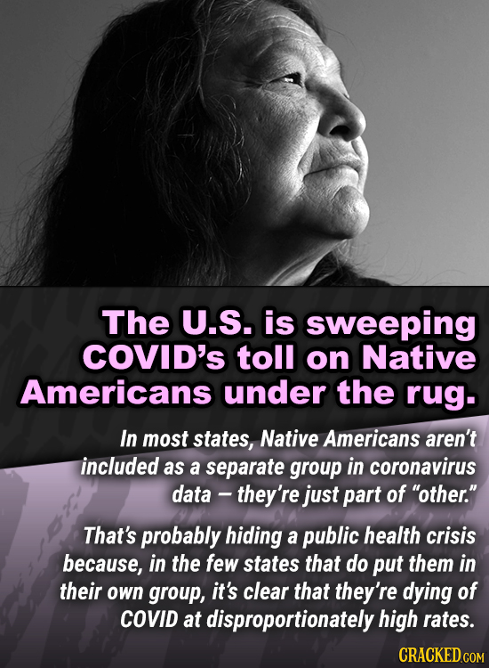 The U.S. is sweeping COviD's toll on Native Americans under the rug. In most states, Native Americans aren't included as a separate group in coronavir