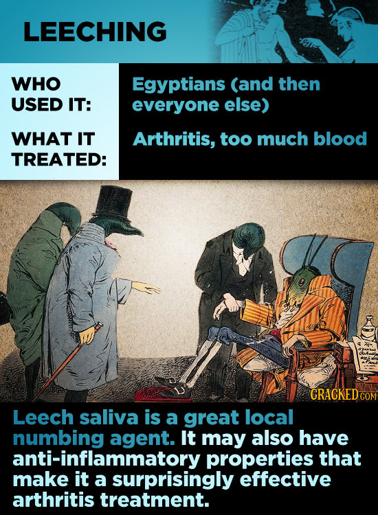 LEECHING WHO Egyptians (and then USED IT: everyone else) WHAT IT Arthritis, too much blood TREATED: CRACKED- COM Leech saliva is a great local numbing