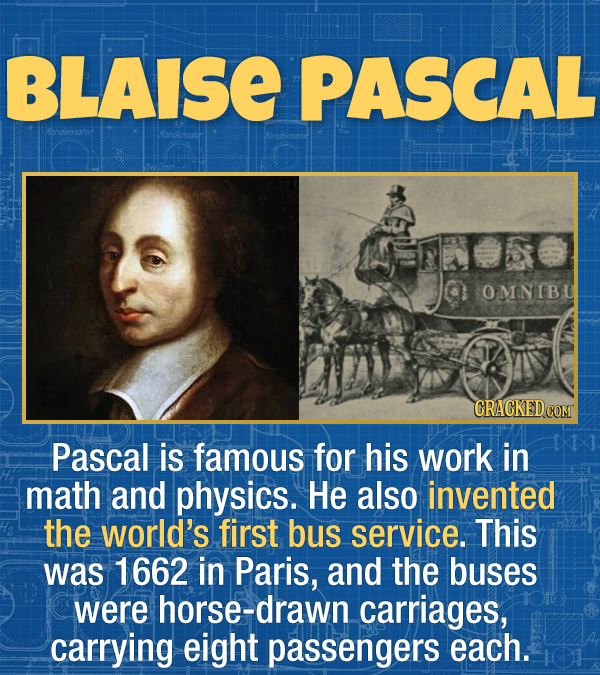17 Unexpected Accomplishments of Famous People - Pascal is famous for his work in math and physics. He also invented the world’s first bus service. Th