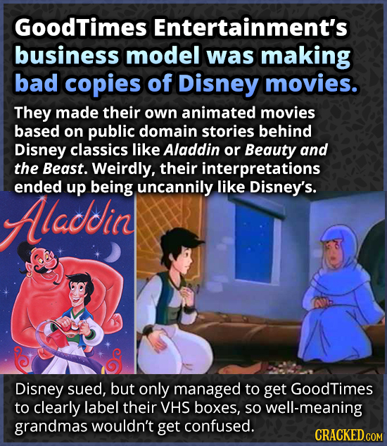 GoodTimes Entertainment's business model was making bad copies of Disney movies. They made their own animated movies based on public domain stories be