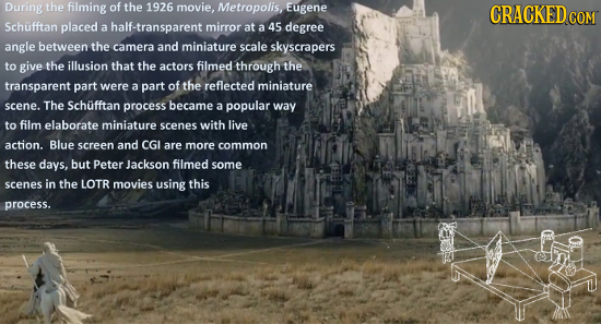 During the filming of the 1926 movie, Metropolis, Eugene CRACKEDG COM Schufftan placed a half-transparent mirror at a 45 degree angle between the came