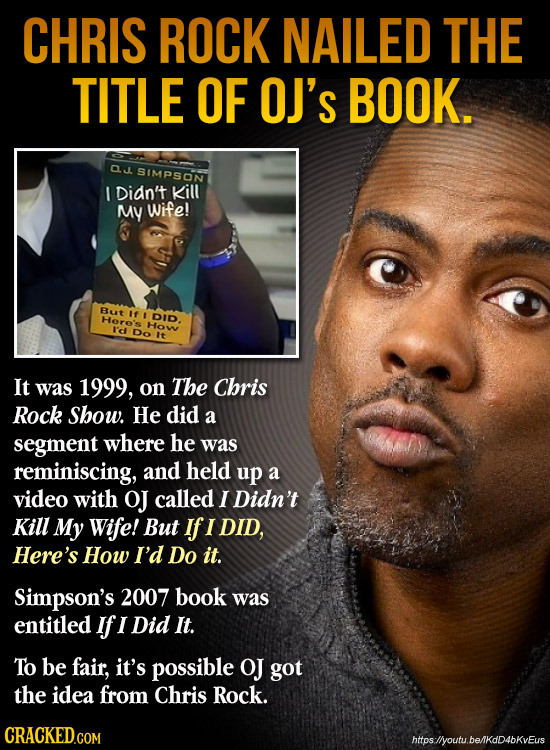 CHRIS ROCK NAILED THE TITLE OF OJ's BOOK. aJ SIMPSON I Didn't Kill MY wife! BLt If ! Here's DID I's How Do It It was 1999, on The Chris Rock Sbow. He 