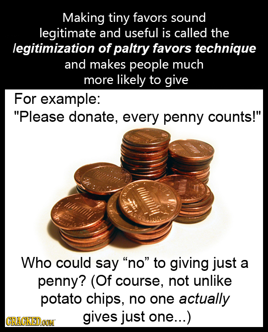 Making tiny favors sound legitimate and useful is called the legitimization of paltry favors technique and makes people much more likely to give For e