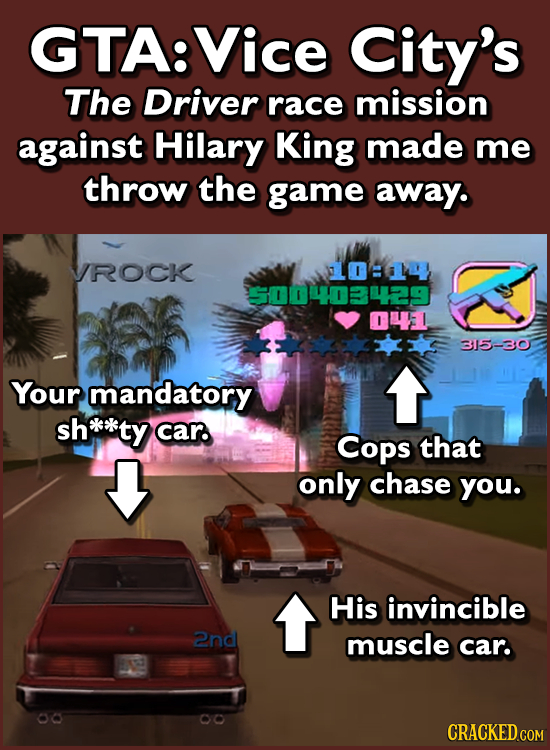 GTA:Vice City's The Driver race mission against Hilary King made me throw the game away. VROCK PD 500403429 yel, 315-30 Your mandatory shks*ty car Cop
