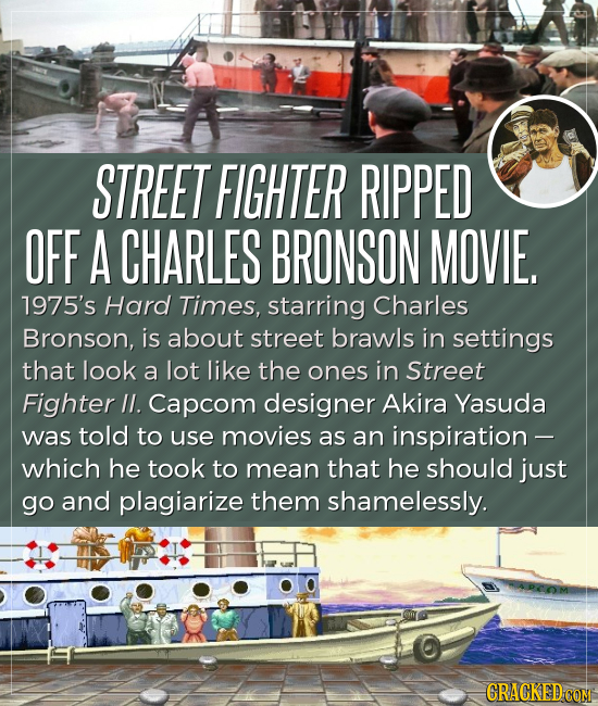 STREET FIGHTER RIPPED OFF A CHARLES BRONSON MOVIE. 1975's Hard Times, starring Charles Bronson, is about street brawls in settings that look a lot lik