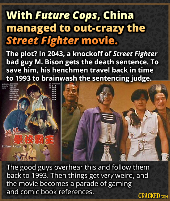With Future Cops, China managed to out-crazy the Street Fighter movie. The plot? In 2043, a knockoff of Street Fighter bad guy M. Bison gets the death