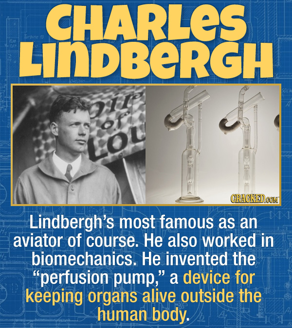 17 Unexpected Accomplishments of Famous People - Lindbergh’s most famous as an aviator of course. He also worked in biomechanics. He invented the “per