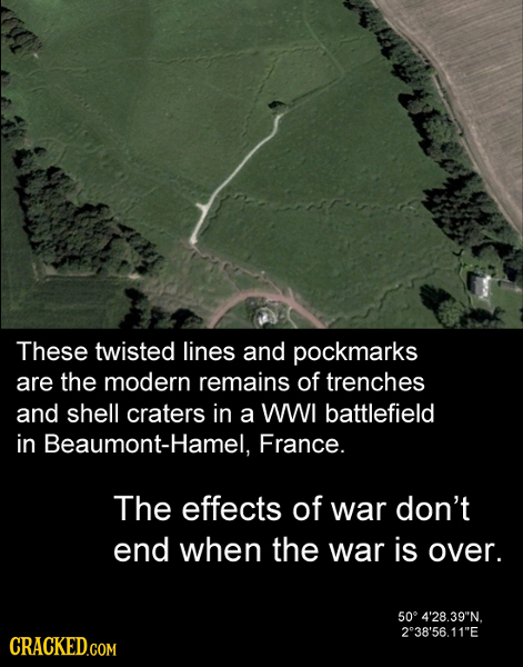 These twisted lines and pockmarks are the modern remains of trenches and shell craters in a WWI battlefield in Beaumont-Hamel, France. The effects of