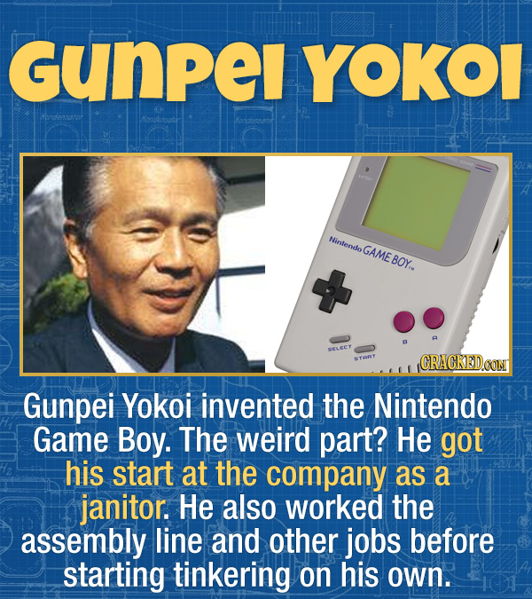 17 Unexpected Accomplishments of Famous People - Gunpei Yokoi invented the Nintendo Game Boy. The weird part? He got his start at the company as a jan