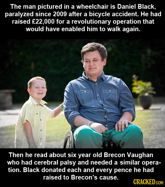 The man pictured in a wheelchair is Daniel Black, paralyzed since 2009 after a bicycle accident. He had raised E22,00 for a revolutionary operation th