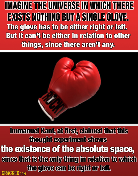 IMAGINE THE UNIVERSE IN WHICH THERE EXISTS NOTHING BUT A SINGLE GLOVE. The glove has to be either right or left. But it can't be either in relation to