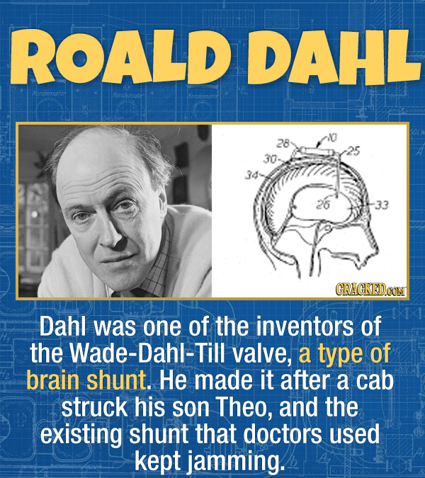 17 Unexpected Accomplishments of Famous People - Dahl was one of the inventors of the Wade-Dahl-Till valve, a type of brain shunt. He made it after a