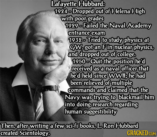 Lafayette Hubbard: 1924 -Dropped out of Helena High with poor grades 1999 Failed the Naval Academy entrance exam 1939- Tried to study physics at CWo g