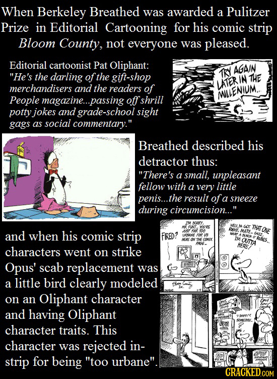 When Berkeley Breathed was awarded a Pulitzer Prize in Editorial Cartooning for his comic strip Bloom County, not everyone was pleased. Editorial cart