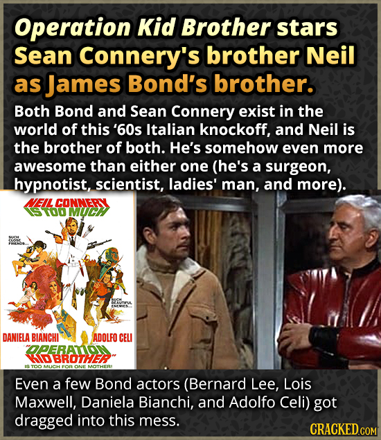 Operation Kid Brother stars Sean Connery's brother Neil as James Bond's brother. Both Bond and Sean Connery exist in the world of this '60s Italian kn