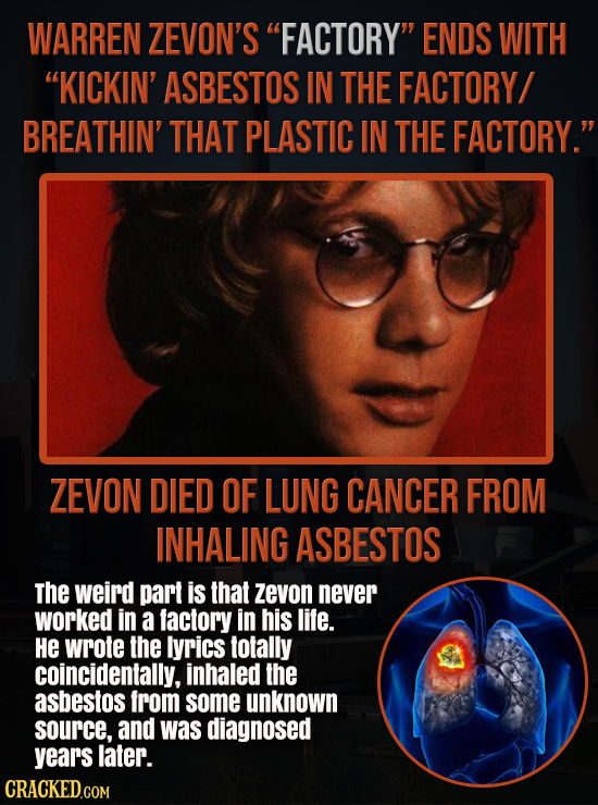 WARREN ZEVON'S FACTORY ENDS WITH KICKIN' ASBESTOS IN THE FACTORY/ BREATHIN' THAT PLASTIC IN THE FACTORY. ZEVON DIED OF LUNG CANCER FROM INHALING A