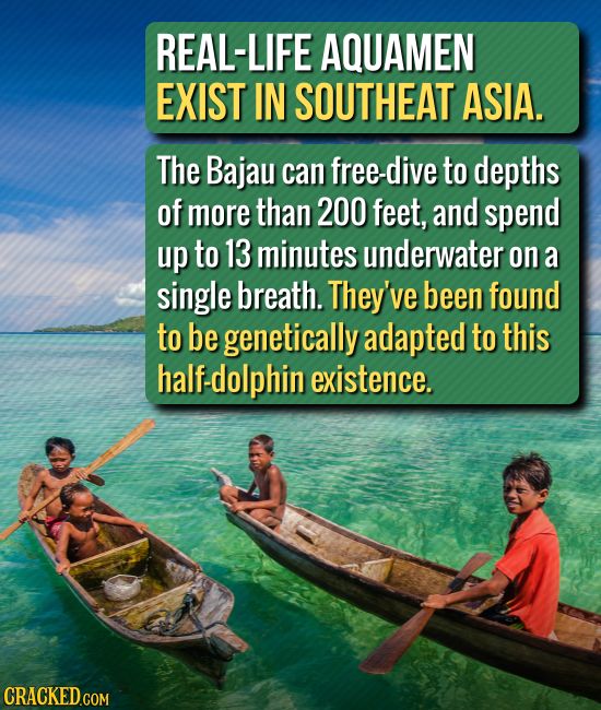REAL-LIFE AQUAMEN EXIST IN SOUTHEAT ASIA. The Bajau can free-dive to depths of more than 200 feet, and spend up to 13 minutes underwater on a single b