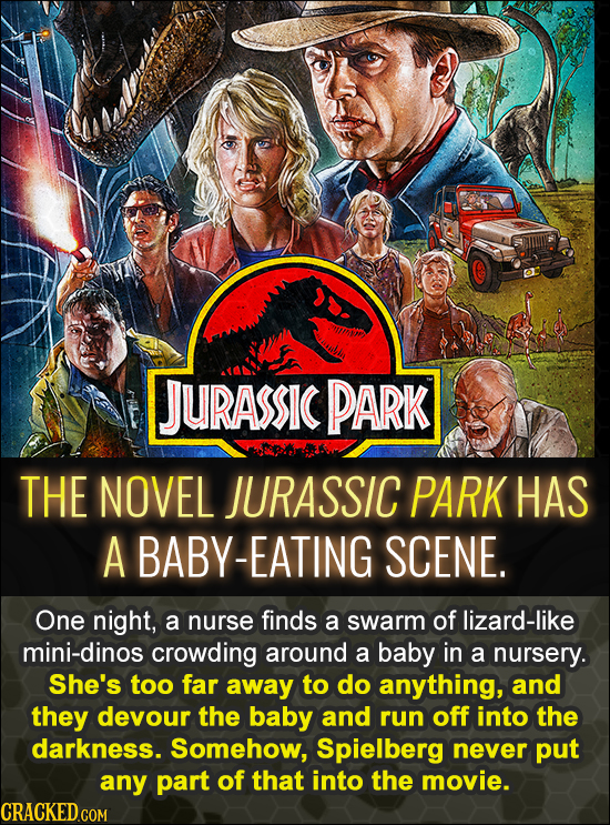 JURASSIC PARK THE NOVEL JURASSIC PARK HAS A BABY-EATING SCENE. One night, a nurse finds a swarm of lizard-like mini-dinos crowding around a baby in a 