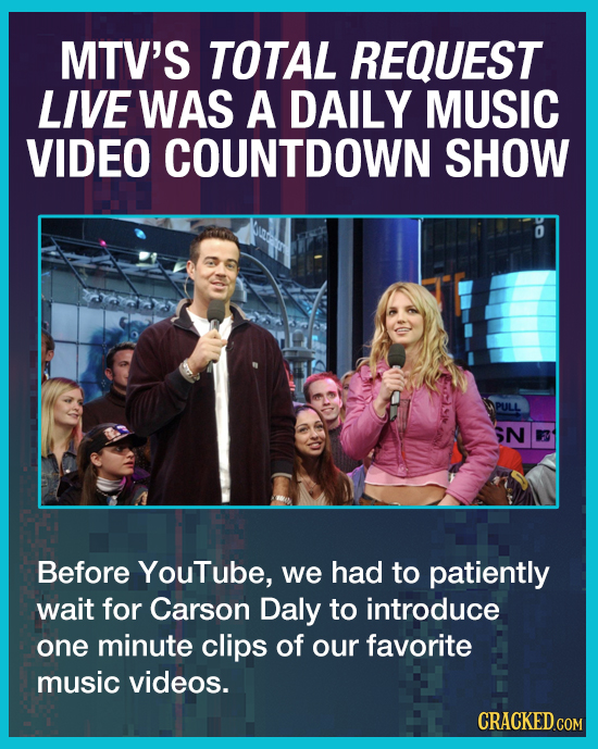 MTV'S TOTAL REQUEST LIVE WAS A DAILY MUSIC VIDEO COUNTDOWN SHOW O PULL SN Before YouTube, we had to patiently wait for Carson Daly to introduce one mi